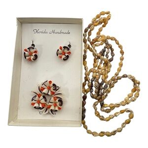 Florida Handmade Seashell Jewelry Set‎ Earrings Brooch Boxed & Seashell Necklace